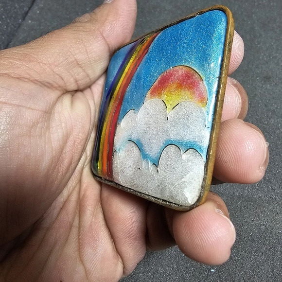 Vintage Brass Squared Hand Painted Rainbow With Clouds Enameled Belt Buckle - Picture 4 of 11